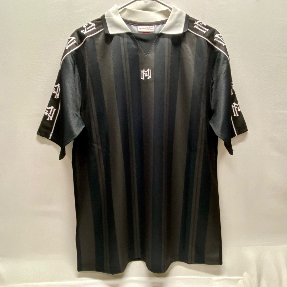 Mitchell & Ness Striker Polo Shirt Med Black Short Sleeve Fashion V-Neck Top New